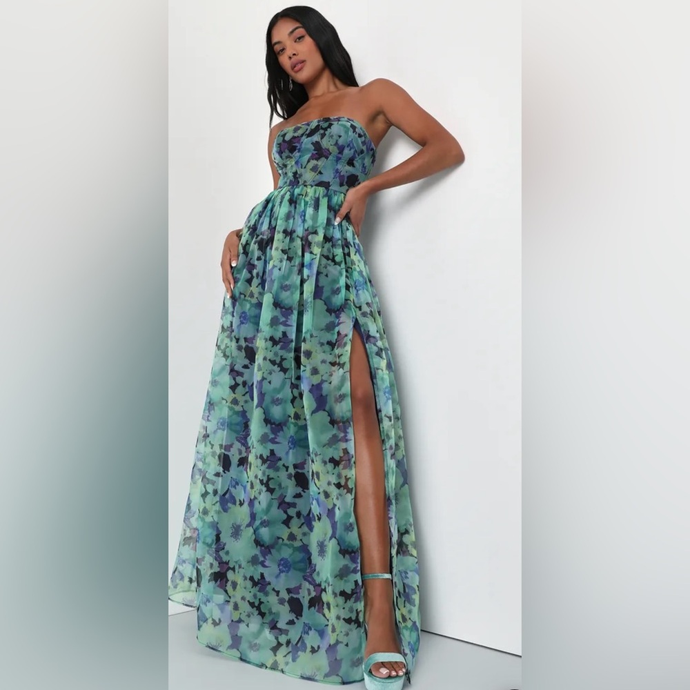 NWT* Wonderful Waltz Green Floral Print Strapless Bustier Maxi Dress